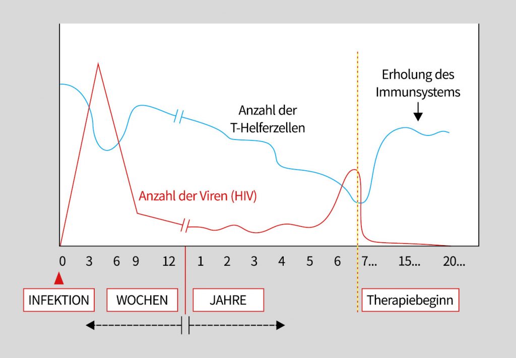 Grafik zeigt den Verlauf einer HIV-Infektion mit Behandlung mit antiretroviralen Medikamente