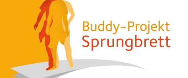 Logo Buddyprojekt zeigt eine orange und eine gelbe menschliche Silhouette auf einem Sprungbrett. Daneben steht "Buddy-Projekt Sprungbrett" und darunter befindet sich das Logo der Deutschen AIDS-Hilfe