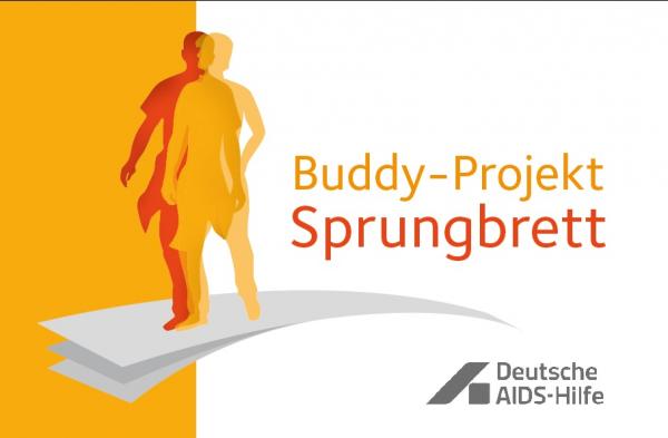 Logo Buddyprojekt zeigt eine orange und eine gelbe menschliche Silhouette auf einem Sprungbrett. Daneben steht "Buddy-Projekt Sprungbrett" und darunter befindet sich das Logo der Deutschen AIDS-Hilfe