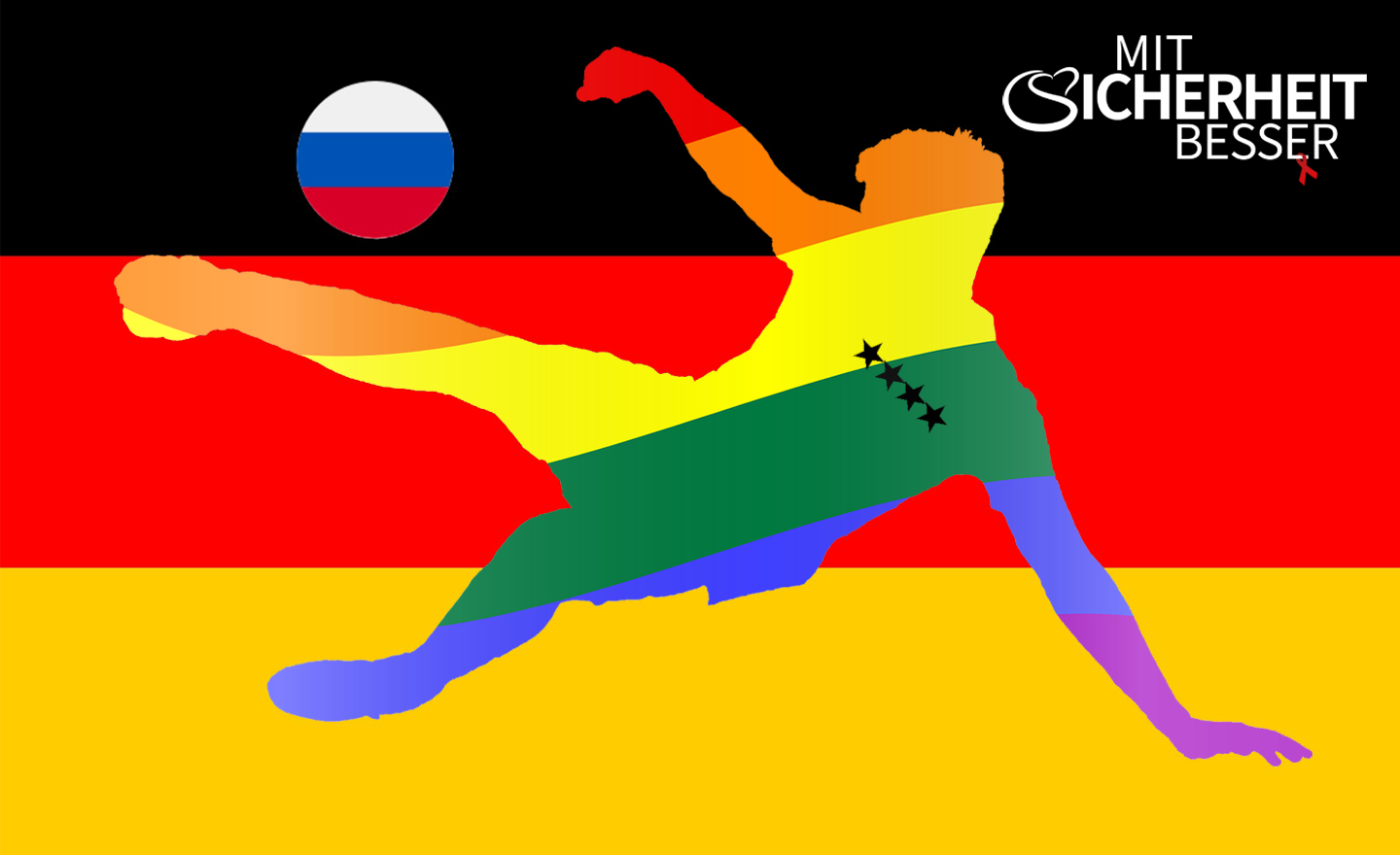 Silhouette eines Fussballspieler mit Regenbogenfarben auf Deutschlandfahne mit russischen Fussball