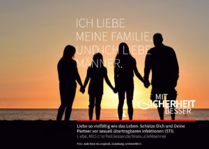 Silhouette einer Familie vor Sonnenuntergang an Strand stehend