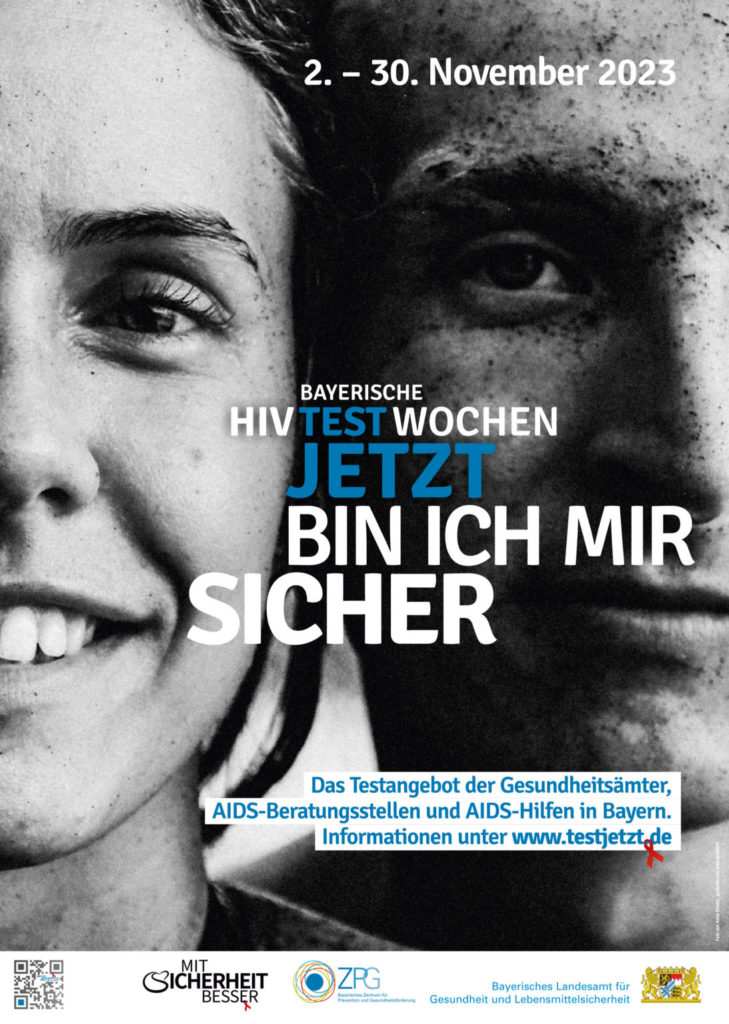 Das Gesicht zweier Menschen, weiblich und männlich gedeutet mit dem Hinweis zu den bayerischen HIV-Testwochen vom 2. bis 30. November 2023 - Test Jetzt, bin ich mir sicher